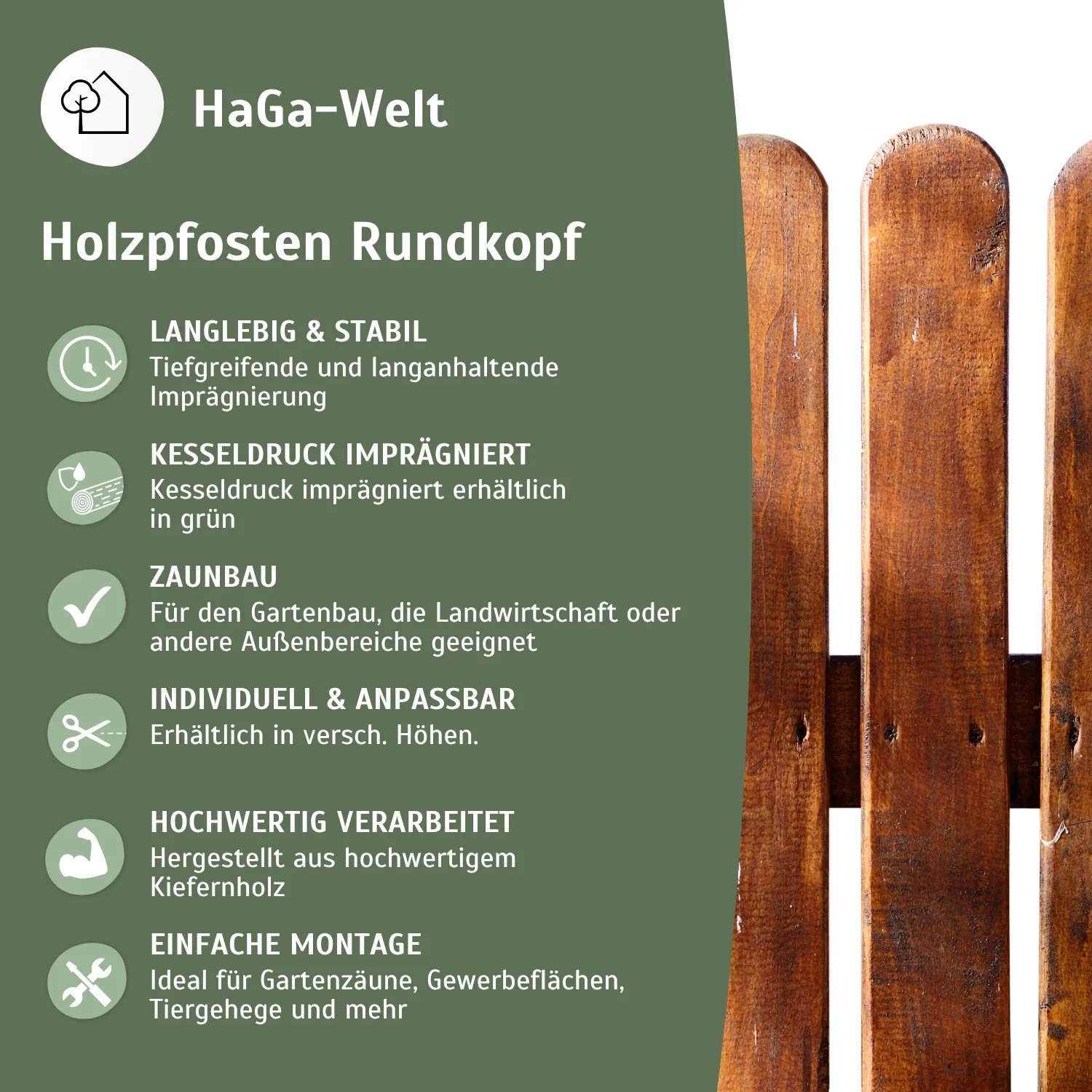 Holzpfosten mit Rundkopf, KDI-grün – stabiler Pfosten für Ihren Gartenzaun - Image 4